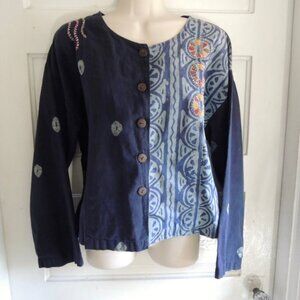 Market Place Blue Batik Cotton Button Jacket Top S/M *Runs L